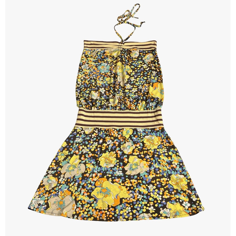 Industry Halter Mini Dress Womens Small Floral Retro Y2K Fit Flare Brown Yellow